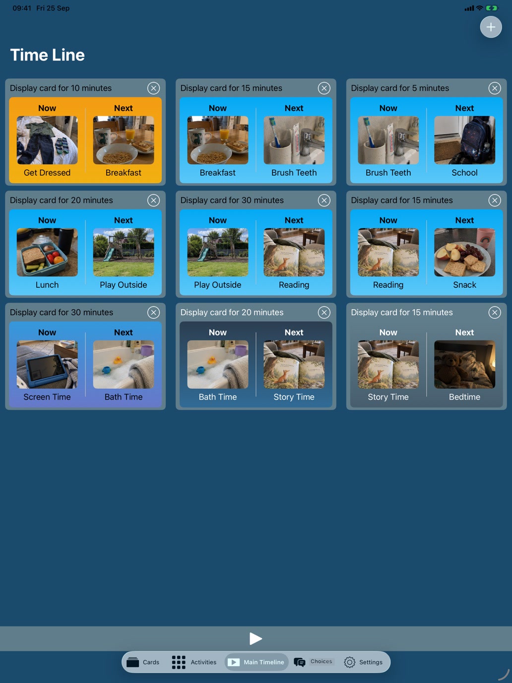 The app’s Time Line screen showing nine routine cards, each with its display duration, from getting dressed and breakfast through to bedtime.